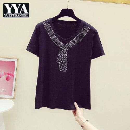 Women Fashion Diamond Bow V-Neck Short Sleeve T Shirt Summer Leisure Tops Street Office O-Neck Loose Fit T Shirt Female S-XL