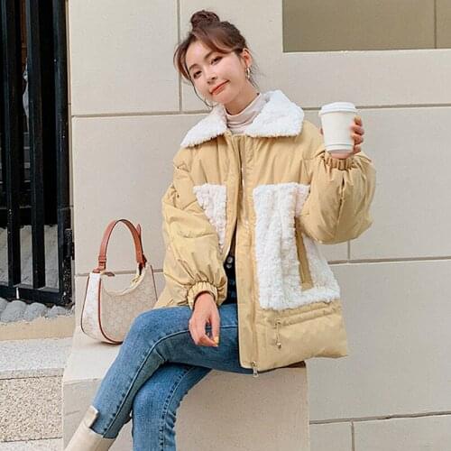 Womens Lambswool Winter Jackets Casual Turn Down Collar Cotton Padded Coat for Female Thick Warm Long Sleeve Wadded Parkas
