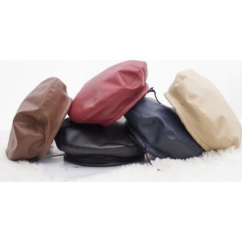 H7481 Autumn Winter Women Beret Hat Retro Fashion PU Leather Korean Berets Cap Female British Solid Color Girl Painter Hats