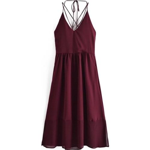 Women Sexy Party Midi Dress Summer V Neck Bow Tie Backless Dress Sleeveless A Line Chic Wine Red Dresses Vestidos