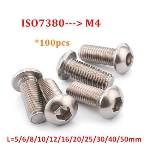100pcs ISO7380 M4 Button Head Screw 304 stainless steel A2 Hexagon Socket Round Head Screw Hex Socket Screws Bolts Length 5-60mm