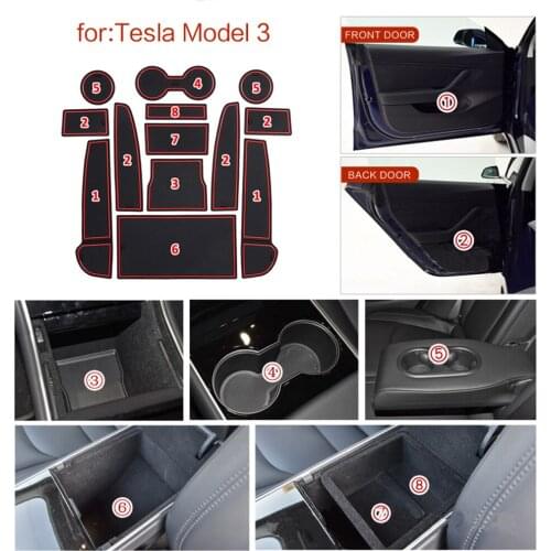 13 Pcs Car Anti-Slip Groove Mats Door Slot Mat Water Cup Pad for Tesla Model 3 2016 - 2021 Interior Accessories