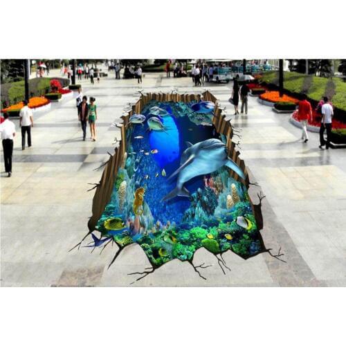 3D stereoscopic Sea World Dolphin floor self-adhesive 3D floor PVC waterproof floor Photo wallpaper mural floor