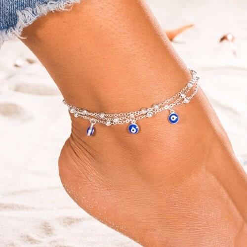Boho Multi Layered Beads Ankle Bracelet for Women Leg Chain Blue Evil Eye Pendant Anklet Summer Beach Foot Jewelry Gift