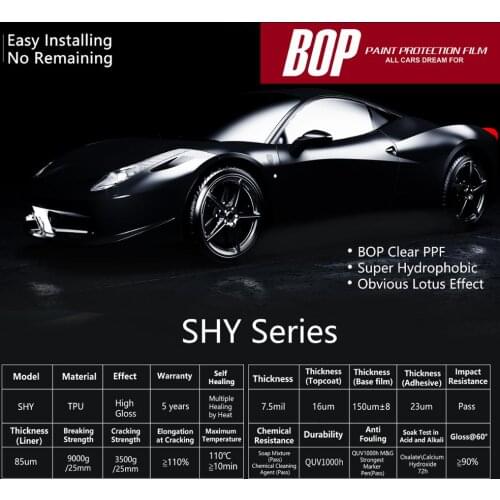 BOP SHY Paint Protection Film hydrophobic water repellency tpu based clear series ppf brand
