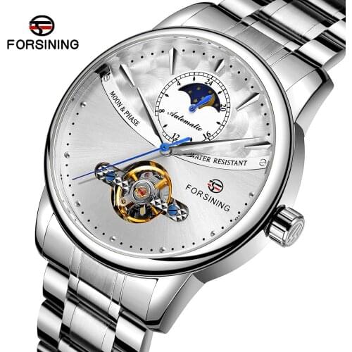 Forsining Men Watch Automatic Mechanical Tourbillon Sun Moon Clock White Business Stainless Steel Band Wristwatch Relojes Hombre