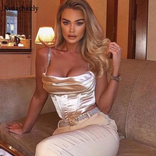 Kesiachiccly Stretch Satin Diamond Chain Sling Slim Fit Corset Sexy Crop Top Women Short Corset Top Female 2021 Summer Mujer