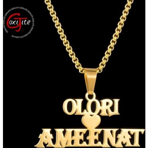 Goxijite Stainless Steel Personalized Double Name Heart Necklace For Women Custom Big Letter Nameplate Pendant Necklaces Gift