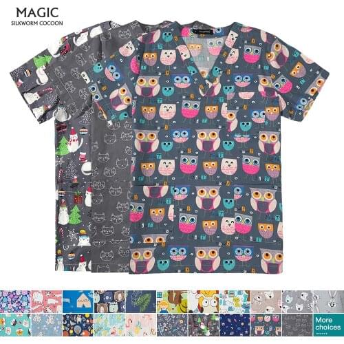 Print spa uniform Beauty salon workwear Cotton Work coats Pet Grooming Agency Scrubs Uniforms Beautician work wear scrubs tops