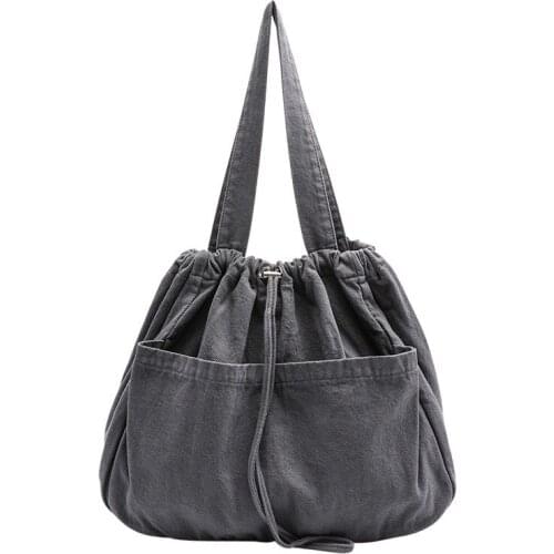 High Quality Women Canvas Shoulder Bags Drawstring Handbag Bucket Tote Bags Literary Students large-capacity washed canvas bag