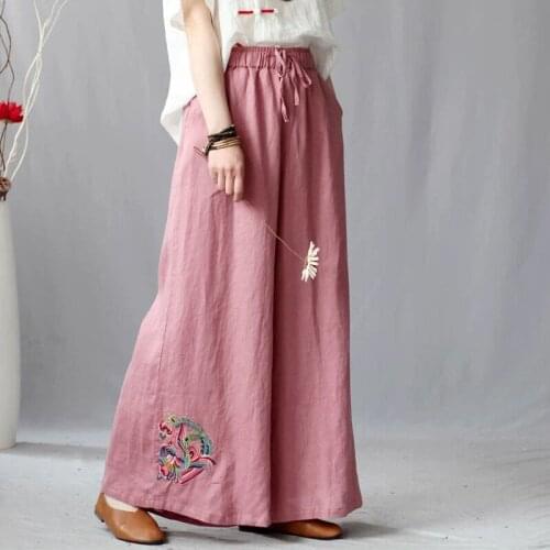 Cotton Linen Wide Leg Pants Plus Size Summer New Arts Style Women Elastic Waist Casual Loosetrousers Vintage Embroidery