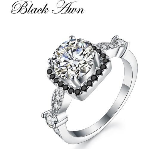 Cute Genuine 925 Sterling Silver Jewelry Wedding Rings for Women Square Black&White Stone Ring Anillos De Plata 925 De Ley C216