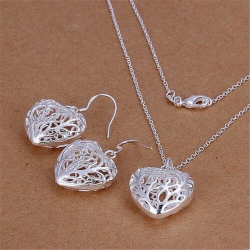 High quality 925 sterling Silver Pretty Hollow heart Pendant necklace earrings Jewelry set for women Fashion Party Holiday gift