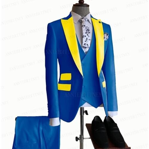 2021 Royal Blue Men Wedding Suit 3 Pieces Tailored Oversize Men Slim fit Suit Jacket Doulbe Breasted Vest Pants Dress Tuxedo Set