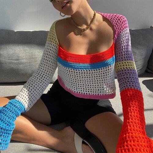 Knitted Long Sleeve Crop Top Women Beach Y2K Autumn Summer Spring Patchwork Vintage Green T Shirts Sexy Fashion -40