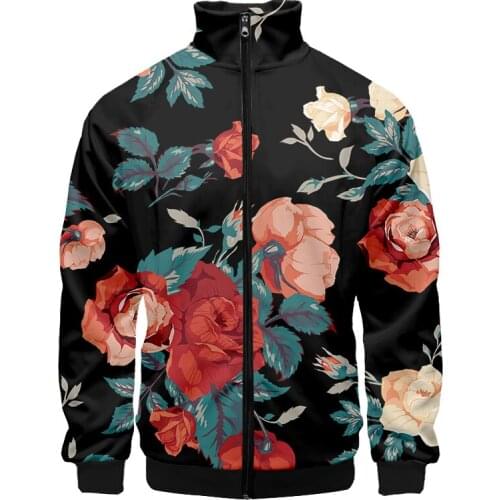 Leaf Flower Rose Sunflower Jackets 3D Printing Fall Winter Baseball Jacket Stand Collar Jacket Men/Women Hip Hop Jacket Zipper