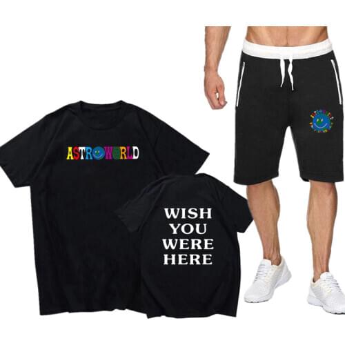 Summer Mens sport track suits Tshirts Shorts Sets TRAVIS SCOTT WISH YOU WERE HERE Sleeve short Tops And middle Waist Shorts