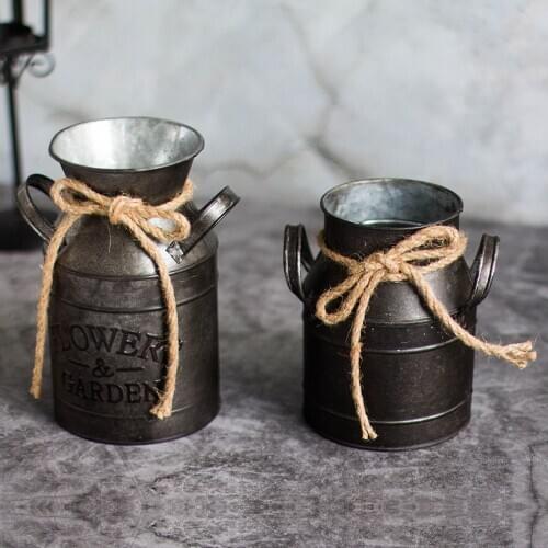 Retro Metal Flower Bucket With Hemp Rope Planter Bucket Home Flower Holder Pot With Handles Desktop Decoration Photography Props