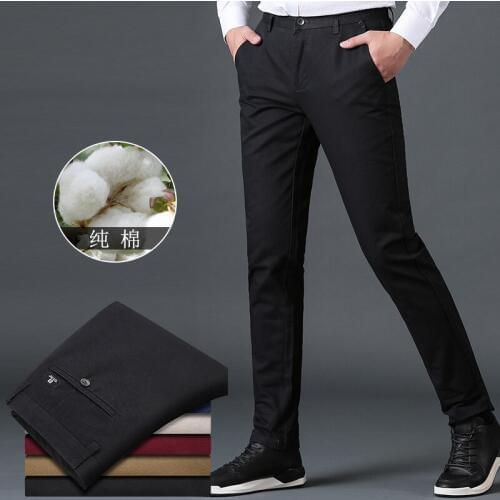 Mens casual pants fitness straight cotton blends long trousers plus size 2019 spring elastic navy grey black young slacks