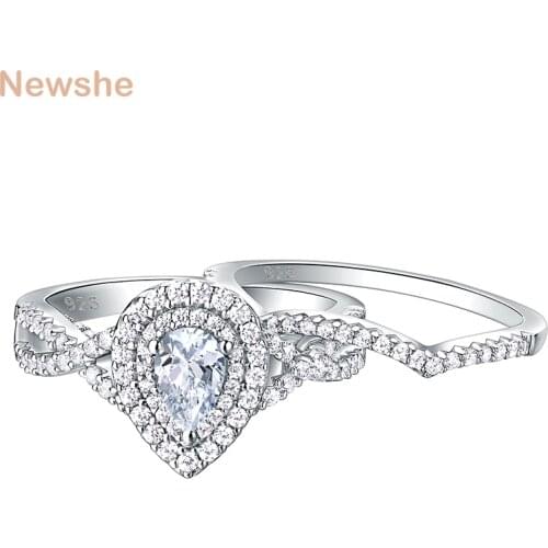Newshe 2 Pcs 925 Sterling Silver Wedding Rings for Women Engagement Ring Sets 1.7Ct Pear Shape Teardrop AAAAA Zircon BR0829