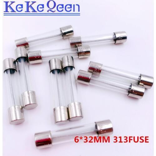 100PCS 6*32MM Slow Blow Glass Fuses Insurance Tube 6*32 313 FUSE 6x32mm T1A T2A T3A T5A T6.3A T7A T8A T10A T15A T20A 250V