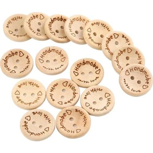 50PCS Wooden Buttons Handmade With Love 2 Holes Round Button Natural Color Buttons For Scrapbooking Crafts Sew DIY Buttons
