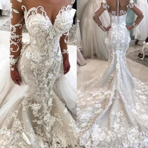 Luxury O Neck Mermaid Wedding Dresses Plus Size Lace Appliques 3D Flowers Custom Made Bridal Gown Long Sleeves Nude Tulle 2021