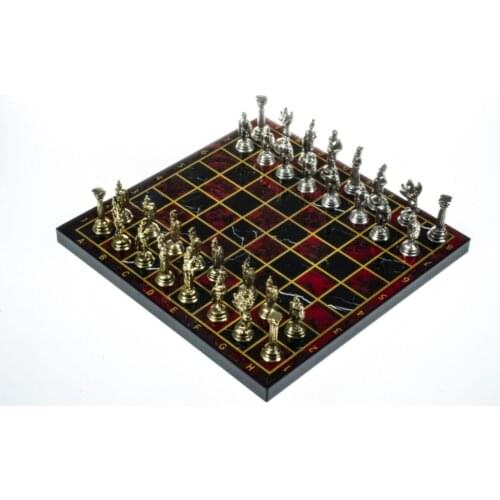 Luxury Metal Chess set Chrome Plated Roman Army & Flame Red Marble Patterned Board