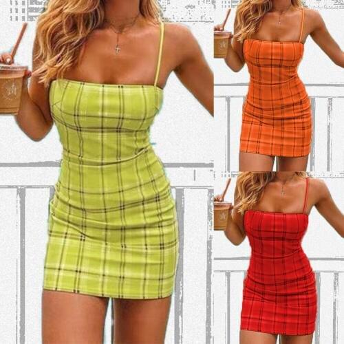 Sexy Women Sleeveless Spaghetti Strap Bandage Bodycon Plaid Evening Party Club Mini Dress