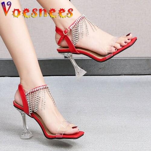 Voesnees Ladies Sexy Rhinestone Transparent PVC Crystal Sandals 2021 New Summer Pure Colour Tassel Diamond Party High Heel Shoes
