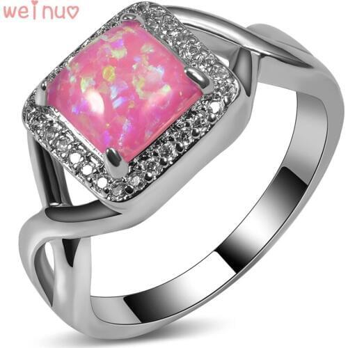 Weinuo Square Pink Opal White Crystal Ring 925 Sterling Silver Top Quality Jewelry Wedding Ring Size 5 6 7 8 9 10 11 A269