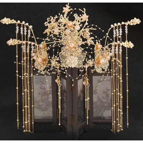XinHuaEase Brides Ancient Hair Crown Hanfu Accessories Chinese Style Atmosphere Golden Wedding Phoenix Tassel Ornament Headwear
