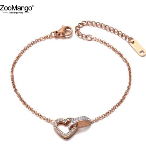 ZooMango New Stainless Steel Love Heart CZ Crystal Charm Bracelets For Women Girls Bohemia Chain & Link Bracelet Jewelry ZB19143