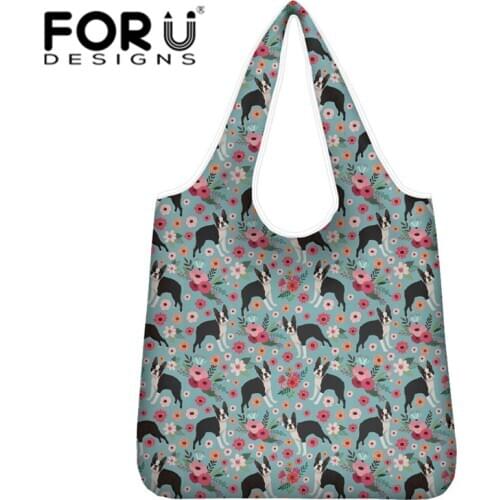 FORUDESIHNS Lady Supermarket Shopping Bag Boston Terrier Print Storage Handbag Portable Picnic Grocery Bags Kawaii Shoulder Bag