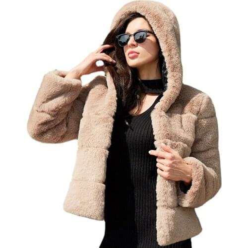 High Quality Women Winter Elegant Thick Warm Hooded Outerwear Fake Fur Jacket Fashion Furry Faux Fur Coats