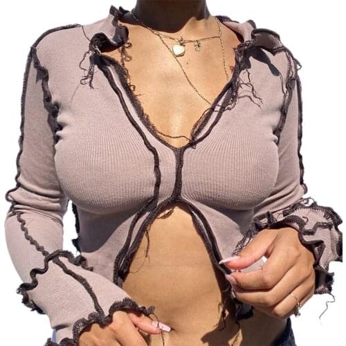 Women Autumn Outfit Lapel V-Neck Solid Color Long-Sleeves Ripped Crop Top with Tassels Trimming Slim Short Sexy Navel T-shirt
