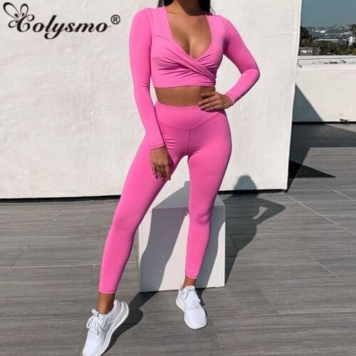 Colysmo Crop Top Long Pants Two Piece Set Women Autumn Tracksuit Sexy V-neck Long Sleeve Tops Bodycon Trousers 2 Piece Set 2020