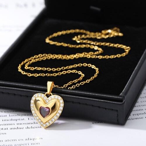 Golden Love Heart Shape Zircon Crystal Rubis Jewelry Shining Charm Pendant Neckalce for Women Temperament Lover Gift Accessories
