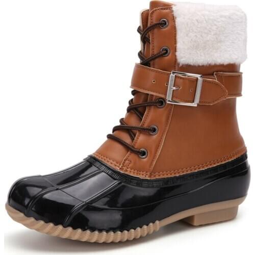 PU Leather Winter Snow Boots for Women Mid-calf Thick Fur Warm Boots Waterproof High Top Western Style Martin Boots Female Shoes