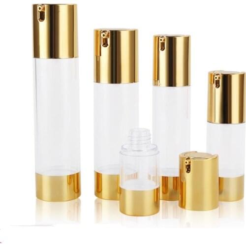 100pcs 15/30/50ml Gold Empty Clear Frosted Airless Pump Bottles Travel Lotion Pump Containers Airless Lotion Dispenser SN1266