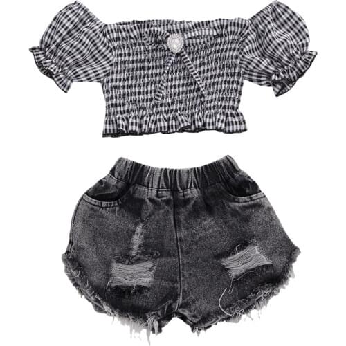 2Pcs Cute Toddler Baby Kids Girls Clothes Off Shoulder Short Sleeve Plaid Tops+ Denim Shorts Pants Outfits Clothes