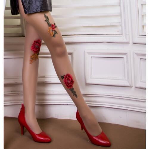 3pcs Bright red embroidered roses manual nail bead lace arbitrary cut silk tights Color Pantyhose