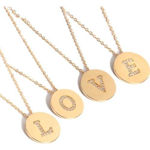Free Shipping 26 Letters Copper Coin Pendant Necklaces For Women Shiny Crystal insert Sweater Chain Gold Necklace Collares Gift