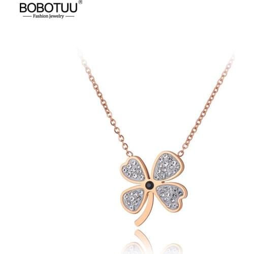 BOBOTUU Titanium Stainless Steel CZ Crystal Flower Choker Necklace Jewelry Trendy Plant Charm Pendant Necklace For Girl BN20027