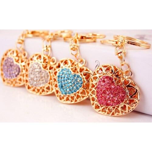 Romantic gift series creative rhinestones couple heart car keychain ladies bag accessories love keychain metal pendant