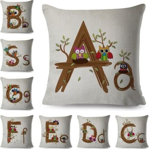 Owl Letter A-Z Pillow Case Decor Cartoon Tree Cushion Cover Geometric Polyester Pillowcase for Sofa Home Children Room