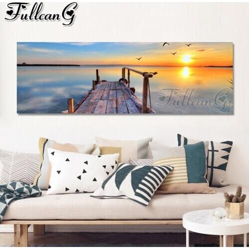 FULLCANG Sunset calm sea landscape diy 5d full square round drill diamond embroidery large mosaic painting home decor FC3354