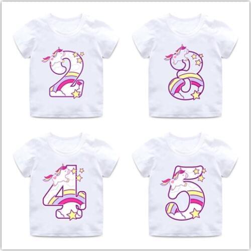 Boys/Girls Happy Birthday Unicorn Number 1-9 Bow Print T shirt Baby Cartoon Funny T-shirt Kids Birthday Present Clothes,ooo5238
