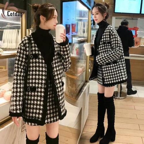 Cotday Woolen Suit Korean Version Spring And Autumn New Fashion Little Fragrance Thousand Bird Plaid Wool Hip Two Piece Suit