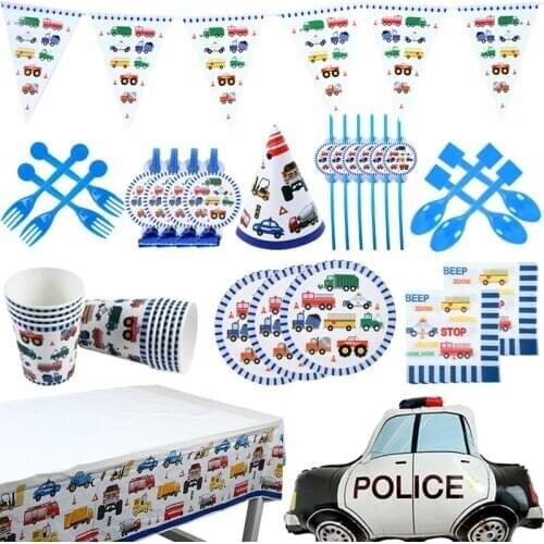 Engineering car Party Supplies Tableware Set Tablecloth Paper Cup Napkins Banner Cake Topper Wedding Baby Shower Decorations